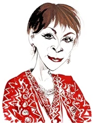 Isabel Allende, chilenisch-amerikanische magisch-realistische Schriftstellerin, bekannt für ihre Romane Das Geisterhaus (1982) und Die Stadt der wilden Götter (2002); Karikatur